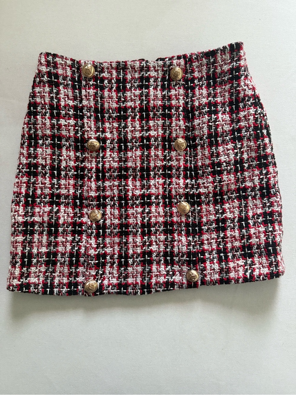 Lioness Womens Red Black White Tweed Mini Skirt with Gold Buttons